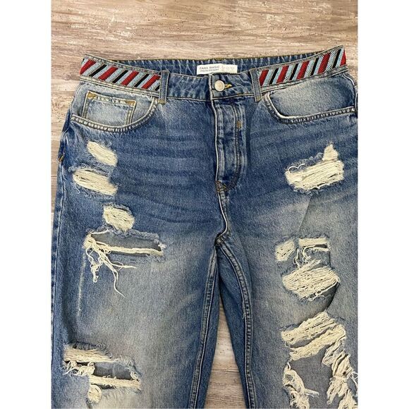 Zara Z1975 Basic Denim Boyfriend Jeans Distressed Raw Hem Beaded Women’s Sz 10 - Picture 3 of 8